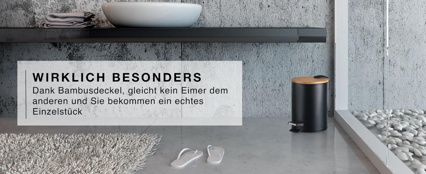 Смітник для косметики VMbathrooms з педаллю та бамбуковою кришкою, 3 л, Soft-Close, чорний — для ванної кімнати та туалету