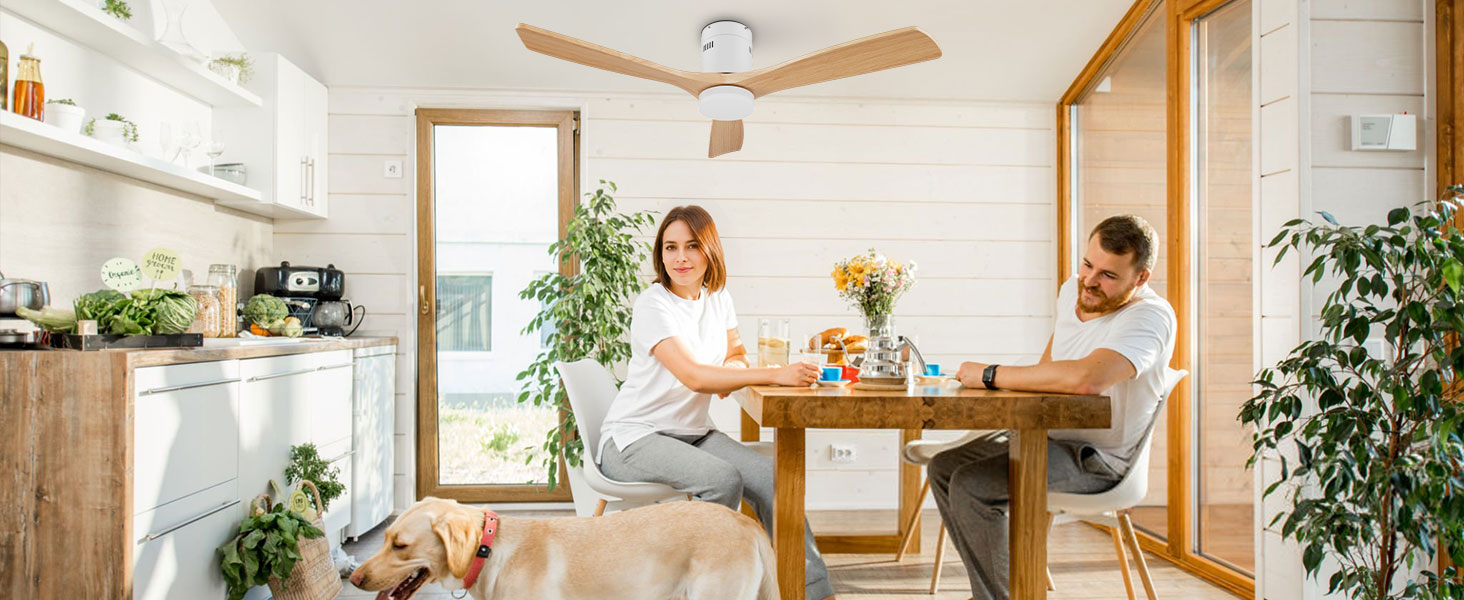 Стеляний вентилятор Holz з підсвічуванням, регулюванням яскравості LED 24W, тихий DC-двигун 38W, діаметр 132 см, з пультом дистанційного керування та таймером, 6 швидкостей, дерев'яний дизайн