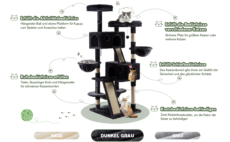Драбина-кіготь MUTICOR 168 см для великих котів з гамаком, кошиками та ігровим будиночком, сірий