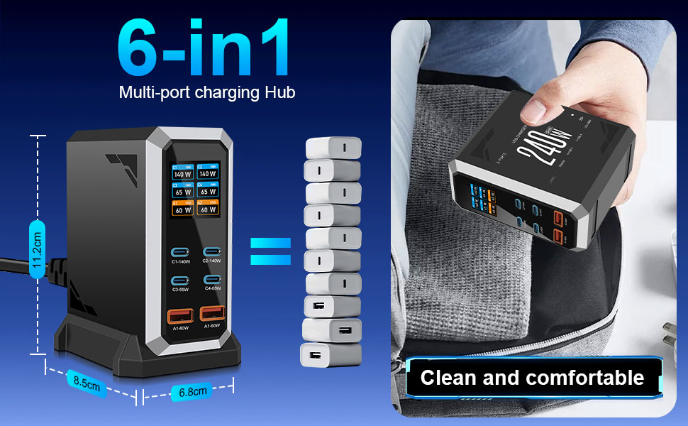 Зарядний пристрій USB-C 240W GaN 6 портів: PD 140W, 65W, 60W, Power Delivery для MacBook, iPhone, iPad, Samsung