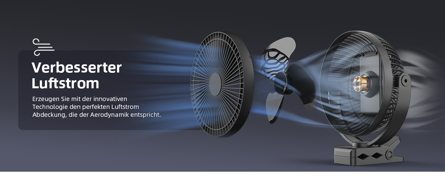 Вентилятор Koonie 10000 mAh з кліпсою, 20 см, портативний, USB, акумулятор, 4 швидкості, 360° оберт, тихий, для дому, офісу, дитячої коляски, кемпінгу, гроу-тенту, чорний
