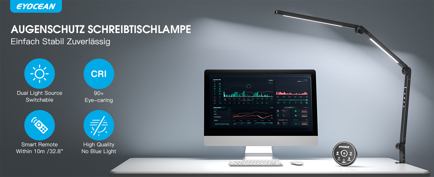 LED лампа EYOCEAN для робочого столу з регульованою яскравістю та двома джерелами світла, архітектурна лампа, офісна лампа, захист очей, кріпиться на стіл (12.0)