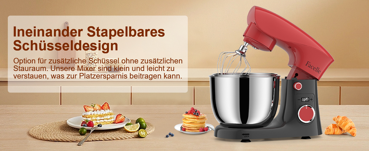 Кухонна машина-міксер Facelle 1500W з 5.5L та 4.5L чашами, 10+ програм, тиха робота, з набором насадок (червоно-сіра)