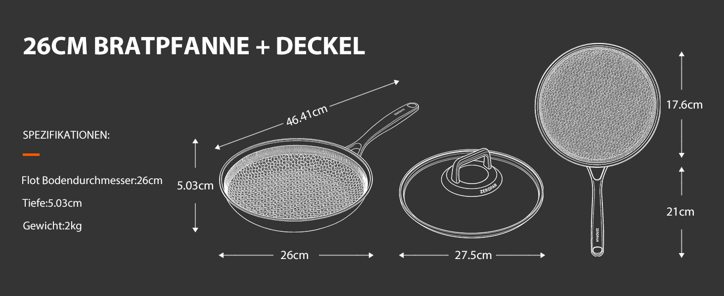 Сковорода з кришкою 26 см, антипригарне покриття Hybrid, холодна ручка, безпечна для миття в посудомийній машині, без PFAS, PFOA та PTFE, можна використовувати в духовці до 260 °C, сумісна з усіма типами плит WQ
