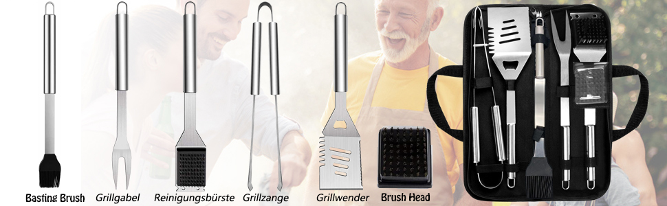 Набір гриль-посуду ZWMYF з нержавіючої сталі, 6 предметів. Професійний набір для барбекю з сумкою. Інструменти для грилю для чоловіків та жінок, кемпінгу, саду.