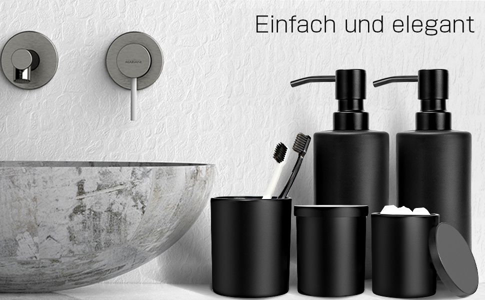 Набір для ванної кімнати GMISUN 5-ти частинний, чорний: 2 дозатори мила, 1 стаканчик для зубних щіток, 2 тримачі для ватних паличок, органайзер для ванної кімнати
