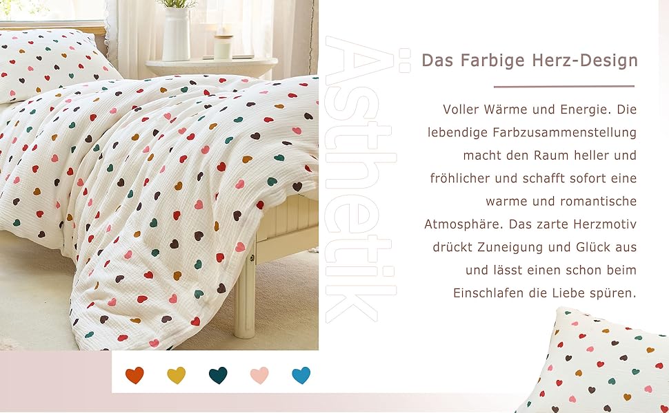 Муслінова постільна білизна для дитячого ліжечка: комплект для малюків та дітей (100x135cm + 40x60cm, сердечка)