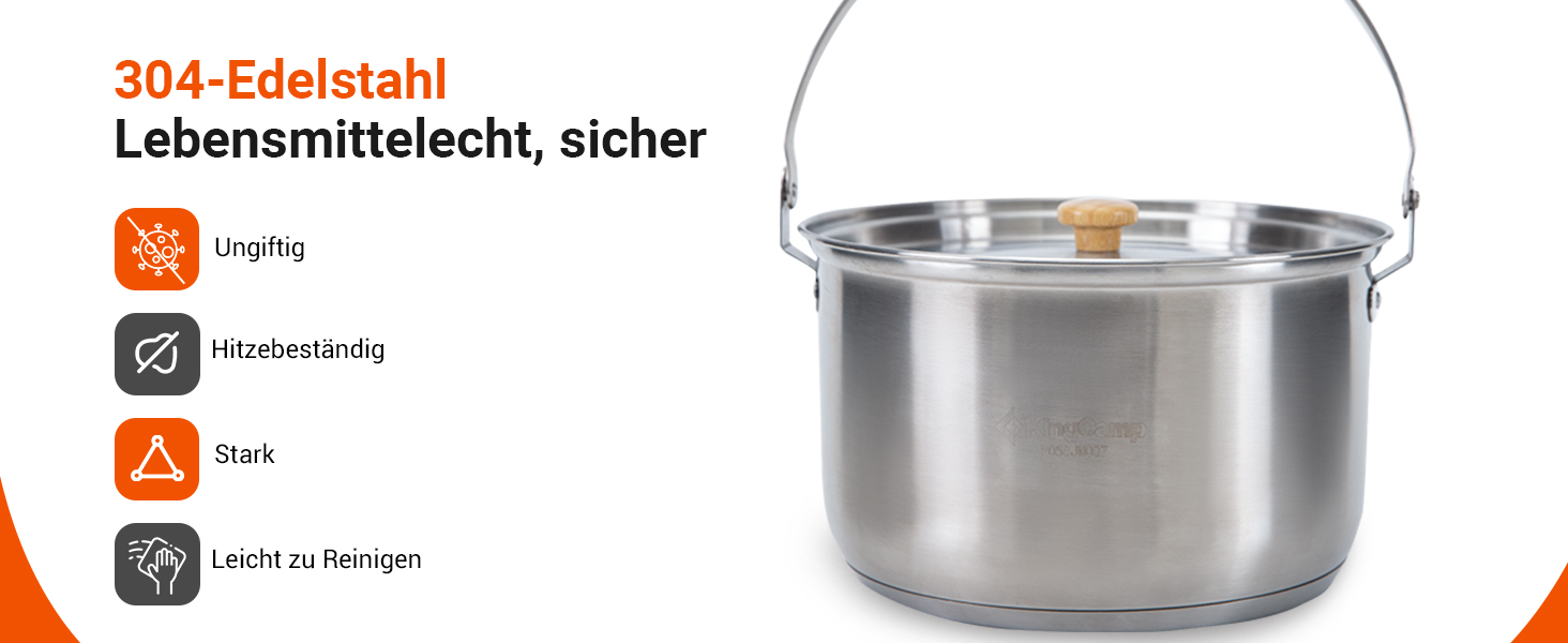 Набір посуду для кемпінгу KingCamp з кошиком, нержавіюча сталь, антипригарне покриття, 4-х частинний набір + чайник