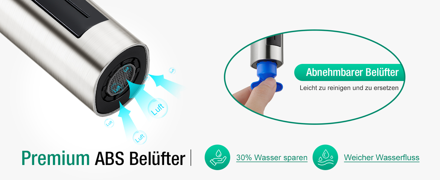 Змішувач для кухні CREA Wasserfall з висувною лійкою, нержавіюча сталь, з дозатором мила, поворотний на 360°, 4 режими струменя, водоспадний ефект