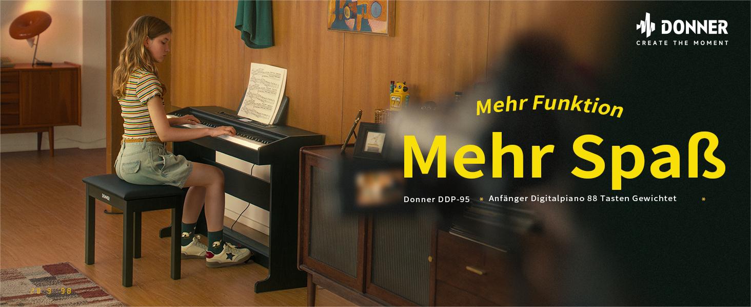Цифрове піаніно Donner DDP-95 для початківців з 88 важними клавішами, підключення Bluetooth, LCD дисплеєм 11*5 см, 610 тембрів, 600 ритмів, 3 навчальні режими, чорний колір