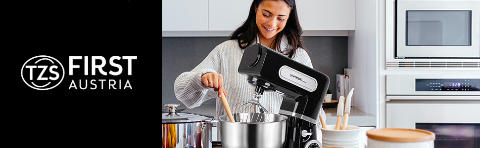 Кухонна машина TZS First Austria професійна | Міксер з чашею 6 л, 1500 Вт, 6 швидкостей, з набором насадок (міксер, гак для тіста, вінчик), нержавіюча сталь