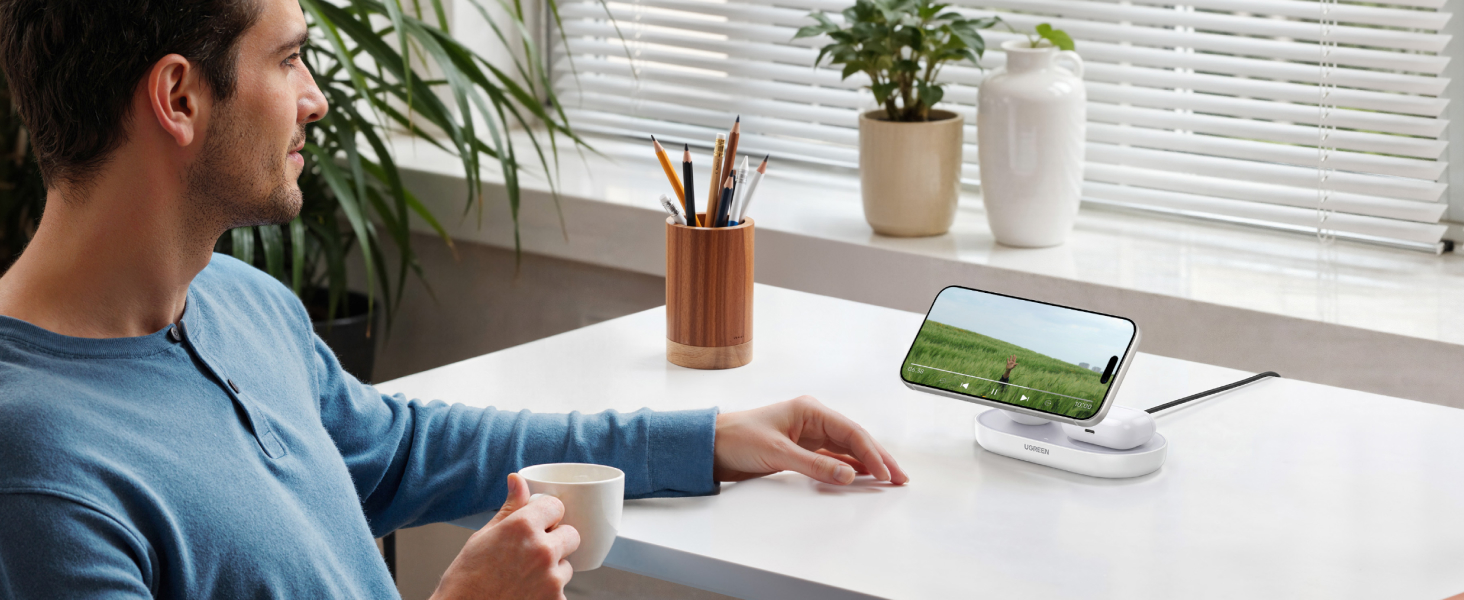 Бездротовий магнітний зарядний пристрій 2-в-1 UGREEN Zapix Qi2 25W, сертифікований, білий