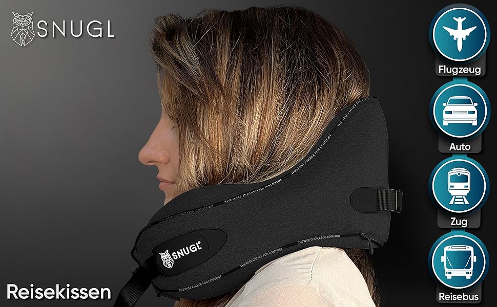 Подушка для шиї SNUGL з Memory Foam, регульована та миюча | Зручна подушка для подорожей на літаку, в авто та в дорогу | Подушка-шиїчкі SNUGL (Чорний, для дорослих)