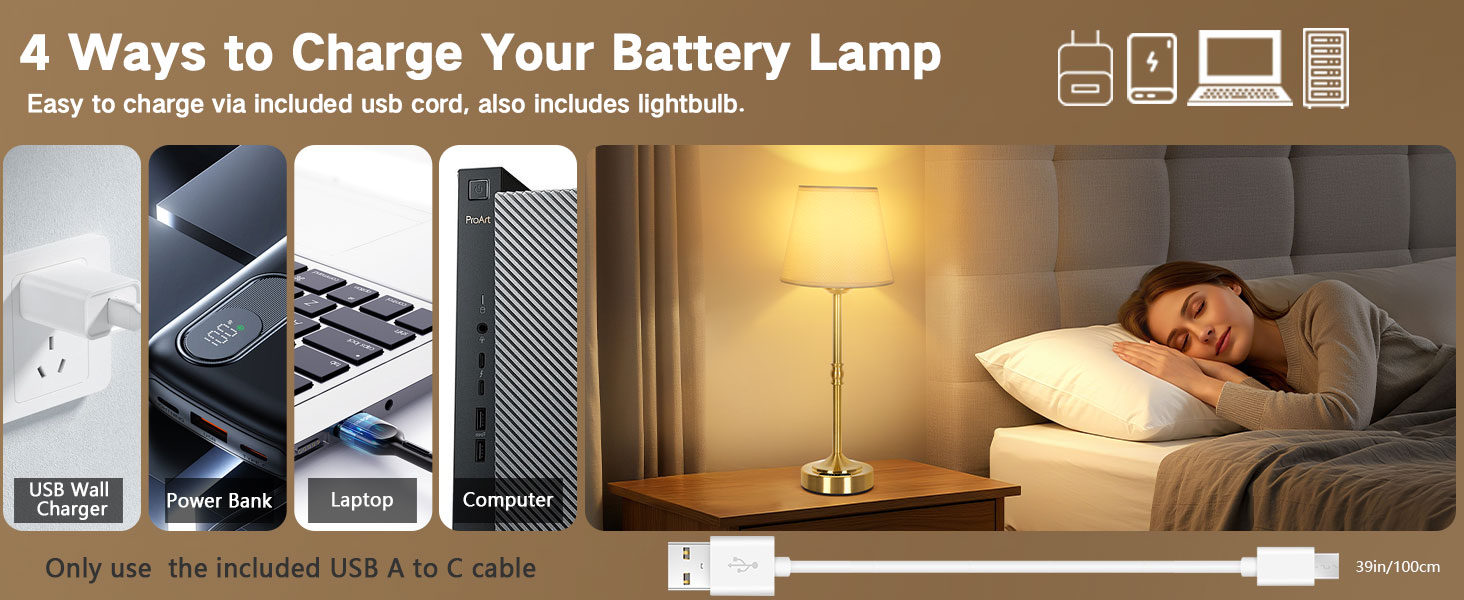 OUTON Настільна лампа 2 шт. Бездротова, диммер, 3 кольори світла, 4000mAh, USB-C, 60 годин роботи, акумуляторна, золота для спальні, вітальні, їдальні