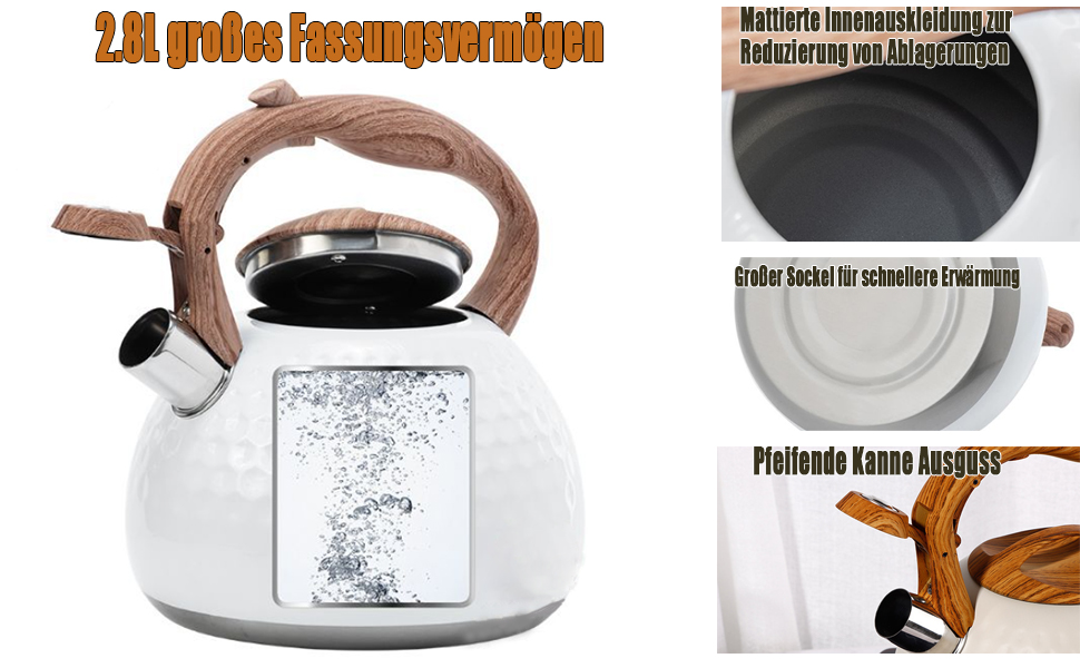 Чайник індукційний 3L з нержавіючої сталі з свистком, для плити, з дерев'яною ручкою, Off White