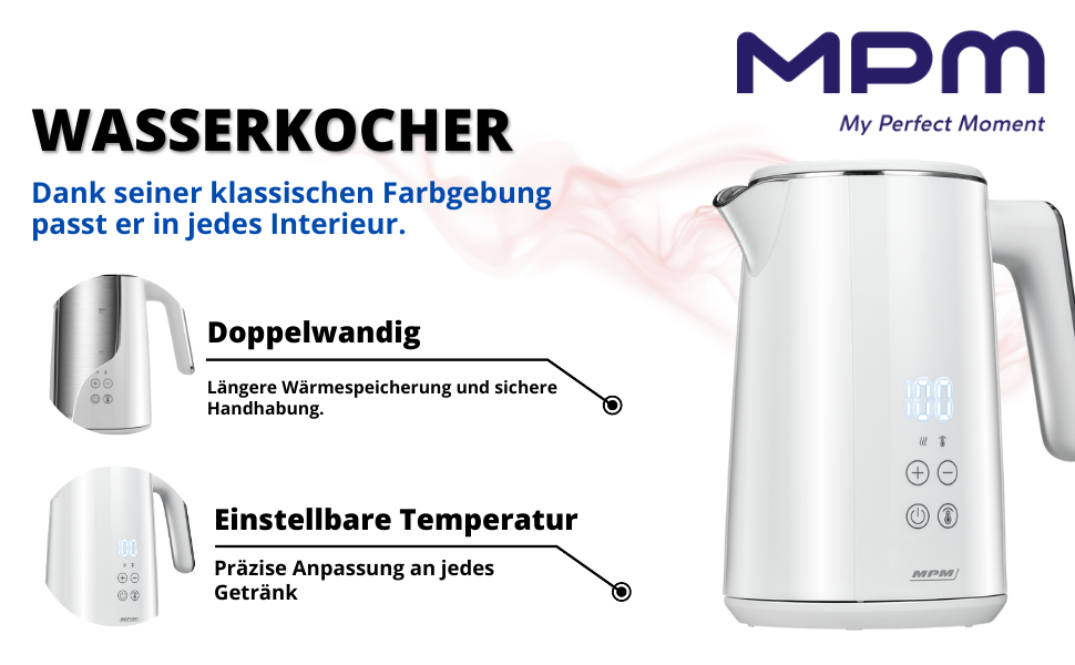 Електричний чайник MPM MCZ-120 1,5L з подвійними стінками, регулюванням температури 40–100°C, нержавіюча сталь, 2200W, тихий, швидкий, сенсорне управління, легкий, елегантний, білий