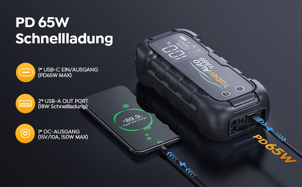 YaberAuto Powerbank для запуску двигуна, 6000A, 65W USB-C PD, 26800mAh, для бензинових та дизельних двигунів (12.0L), з LED-ліхтарем 600 люмен