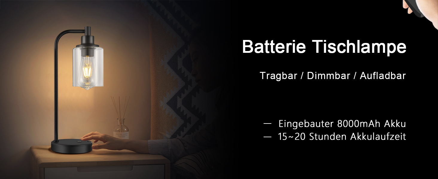 Акумуляторна настільна лампа бездротова з пультом, сенсорне регулювання яскравості, скляний плафон, нічник для спальні та вітальні, чорна