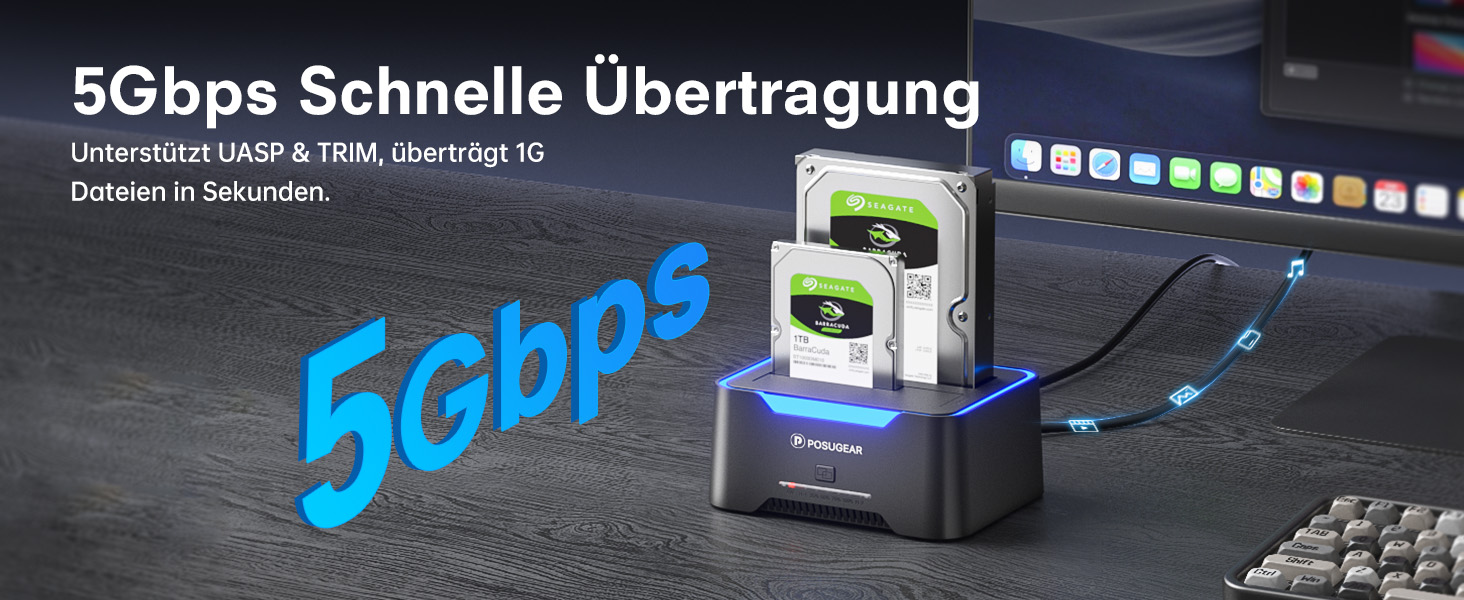 Док-станція для жорстких дисків POSUGEAR RGB USB 3.0 з підтримкою 2.5/3.5 SATA HDD/SSD, 2 відсіки, Offline Clone, UASP