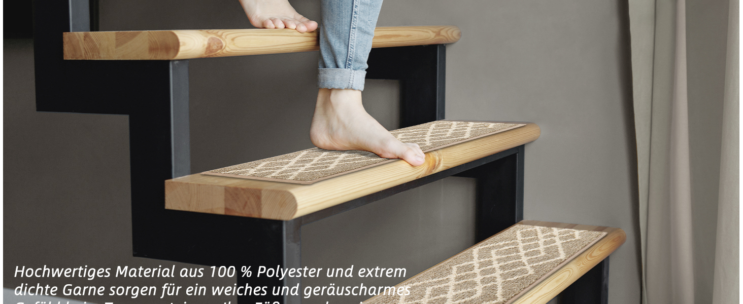Ковзаючі сходинки для дому COSY HOMEER, 15 шт. (70 x 22 см), антиковзаючі, самоклеючі, машинне прання, 100% поліестер, TPE-підкладка, ідеально для дітей, літніх людей та домашніх тварин, бежевий ромбік