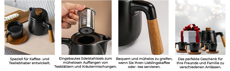 Набір для чаю Miamio: чайник 1 л з ситечком та 4 чашки (300 мл), підставка з бамбука. Кераміка, білий/чорний