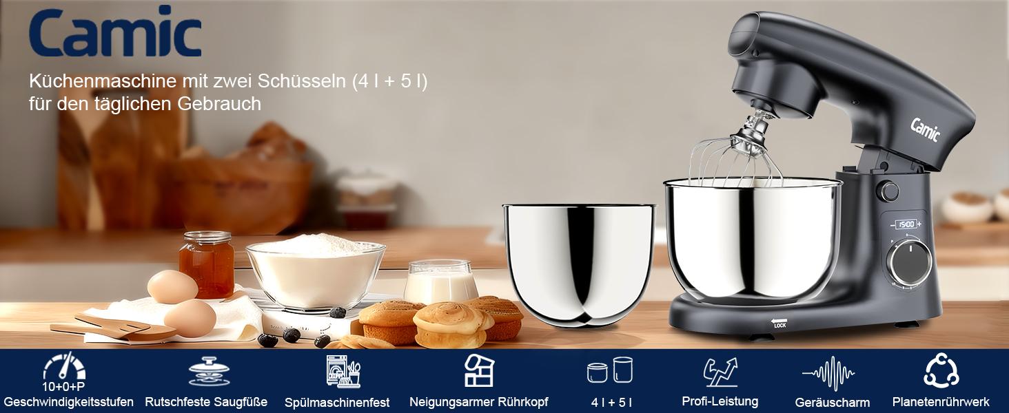 Кухонна машина Camic з LED-дисплеєм, 10 швидкостей, 3 насадками (діядовий, міксер, вінчик) та 2 чашами з нержавіючої сталі 4Л та 5Л для тіста, хліба та тортів, сіра