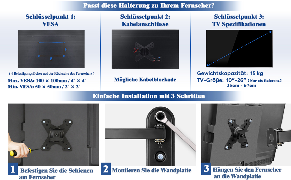 Кріплення для монітора Mounting Dream MD2463-03: настінна штанга, поворотний, нахильний, VESA 100x100, до 15 кг, 10-26 дюймів