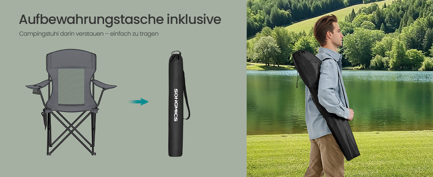 Набір кемпінгових стільців SONGMICS 2 шт, складані, для риболовлі, з високою спинкою, регульованими підлокітниками, підсклянниками, до 150 кг, сірий