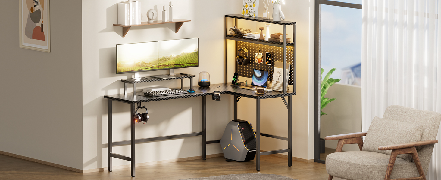 Ігровий стіл кутовий 150x100 см з 3 розетками та 2 USB, зворотний, з LED підсвічуванням, з ящиками та підставкою для монітора. Стіл для геймінгу, офісу, дому. (150 x 100 см, карбон)