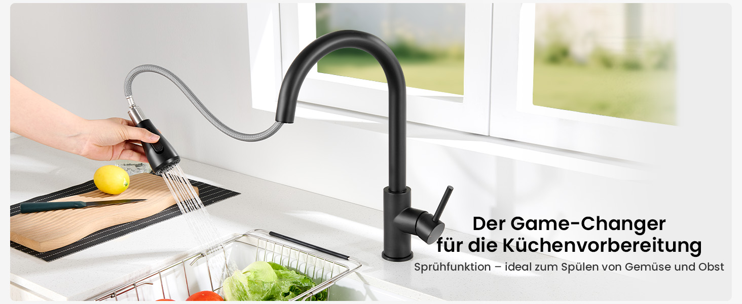 Кран кухонний CECIPA з 3 режимами, висувний, поворотний 360°, з високим виливом, з нержавіючої сталі, чорний