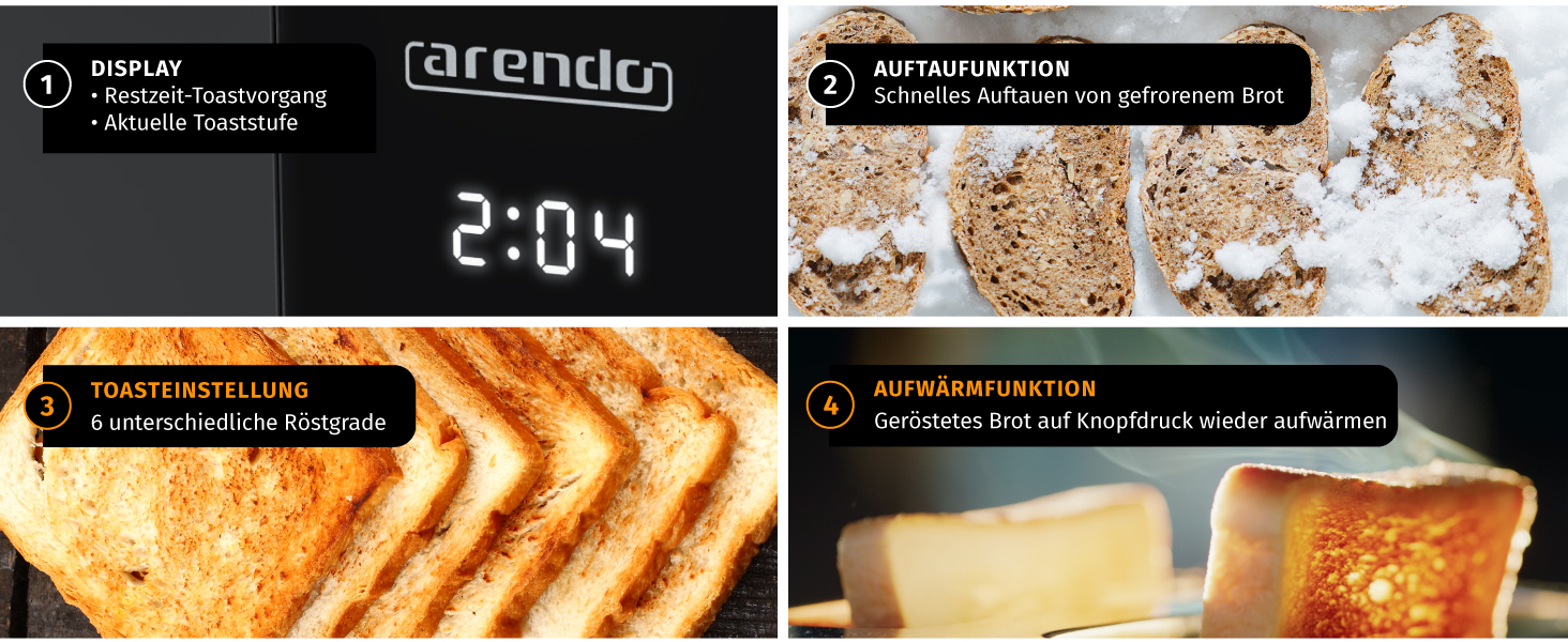 Тостер Arendo з нержавіючої сталі, 2 відділення, сенсорний екран, подвійні стінки, 800 Вт, підставка для тостів, 6 рівнів підсмажування, центрування хліба, індикатор часу, функція пам'яті, колір: чорний
