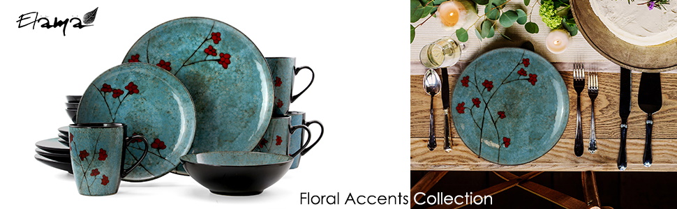 Набір посуду Elama з кераміки, круглий, квітковий принт, 16 предметів, блакитний з червоними акцентами