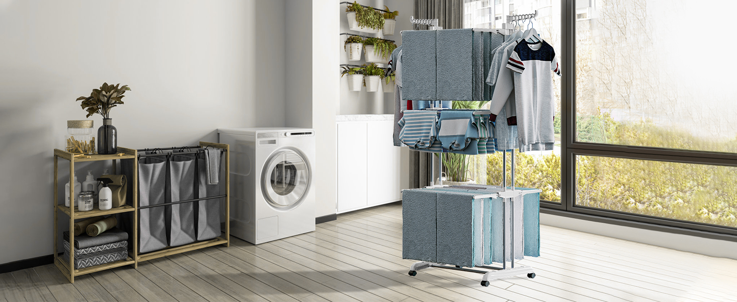 Розкладний сушильник для білизни Innotic з 4 ярусами та колесами (білий/сірий)