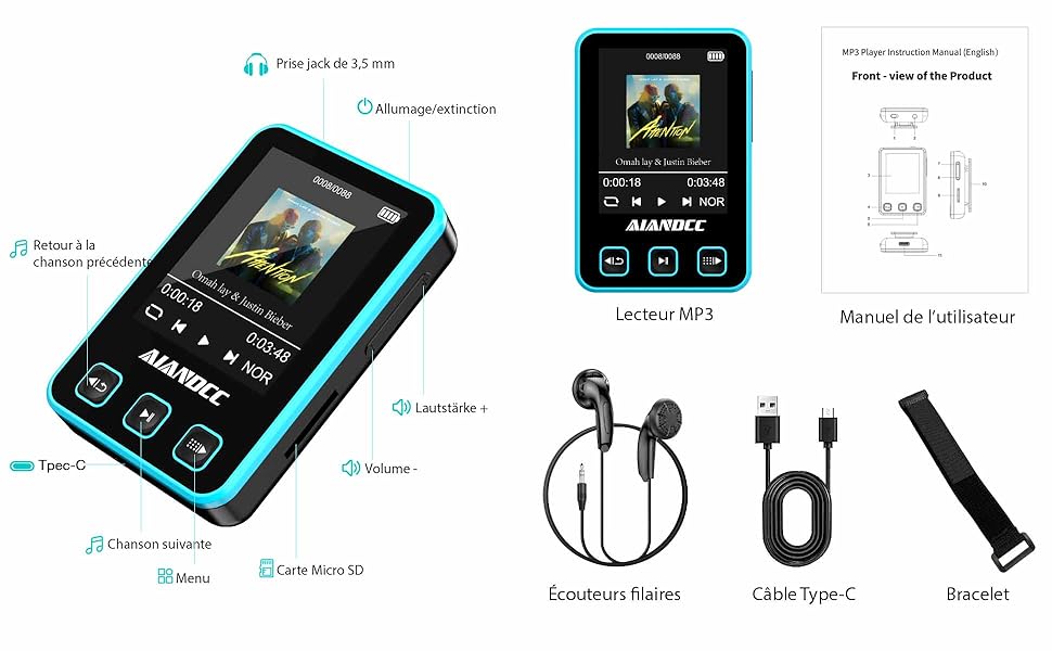 MP3 плеєр Bluetooth 5.3 зі спортивним кліпом та браслетом, 1.77