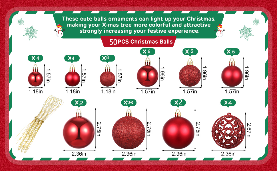 Новорічні кулі 50 шт. 3/4/6 см, блискучі кулі для прикраси ялинки, пластикові, червоні
