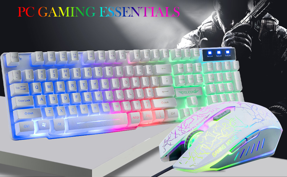 Ігровий набір клавіатури та миші UK-Layout 4-в-1 з підсвічуванням Rainbow, миша 2400 DPI, навушники та килимок для ПК