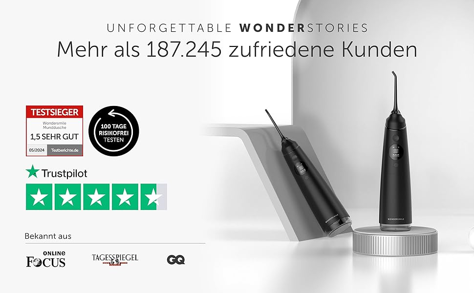 Munddusche Wondersmile PRO - Тест-переможець 2024 року, TÜV-сертифікована - 100 днів без ризику - технологія SmoothFlow для оптимального догляду за зубами та яснами - 5 режимів - акумулятор PowerAkku з тривалістю роботи 30 днів - Ultimate Black