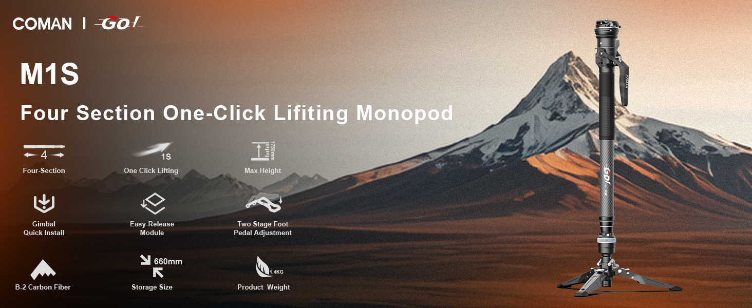 Монопод COMAN M1S з підставкою, 165 см, карбонове волокно, 360° поворотна голова, для камер Sony, Canon, Nikon, DSLR, максимальне навантаження 10 кг