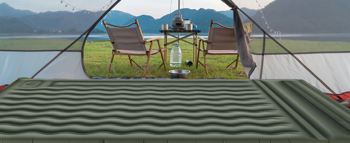 Airminti Self-Inflating Camping Mat - 12cm Thick, Lightweight Air Mattress with Foot Pump & Pillow - Outdoor Sleeping Pad for Camping, Trekking, Beach & Festival - Compact, Army Green (2 Person)