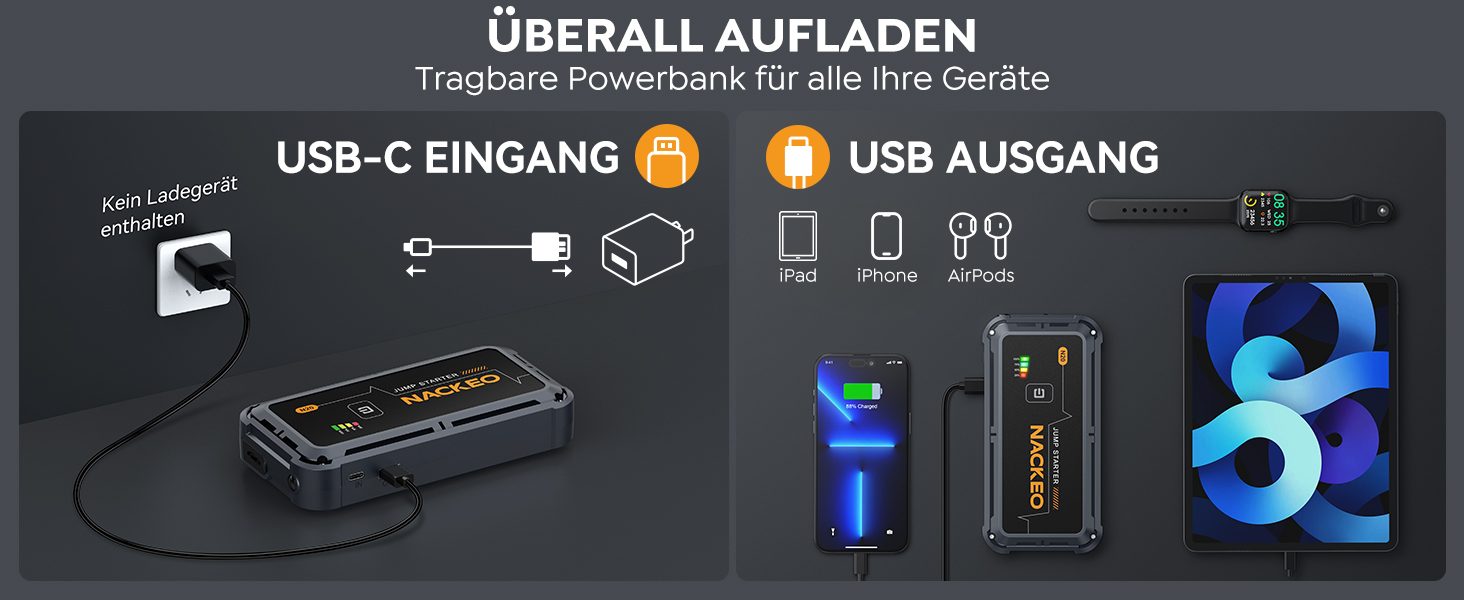 Powerbank Starthilfe 7000A: Зарядний пристрій для автомобіля, 12V, для бензинових та дизельних двигунів (до 10л), з кабелями та LED-ліхтариком, для авто, SUV, вантажівок, мотоциклів