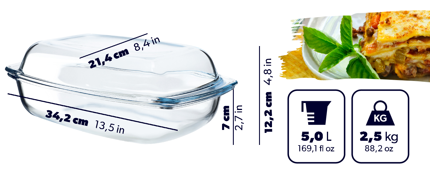 Форма для запікання KADAX 5л зі склокераміки з кришкою та ручками – прямокутна, жароміцна посудина для тушкування та випікання, ідеальна для лазаньї, м'ясних страв, підходить для духовки та електроплити 5л