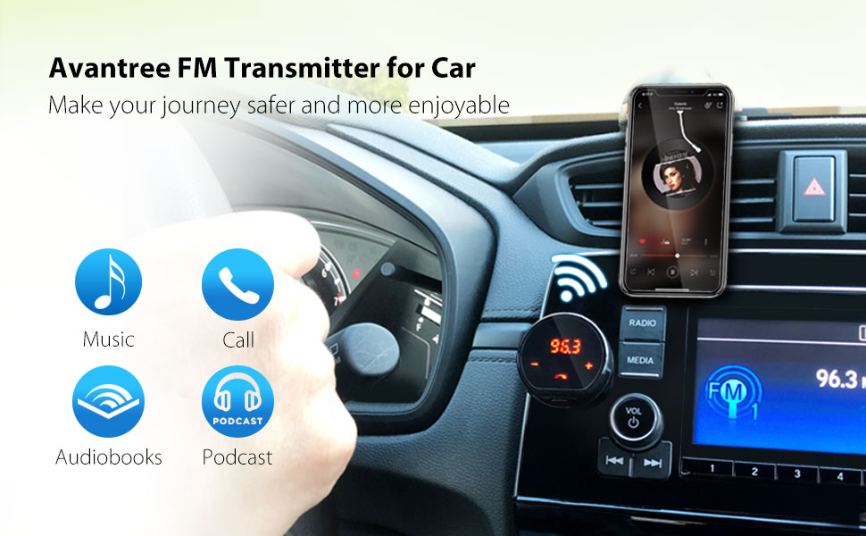Bluetooth FM-трансмітер Avantree CK310 для авто, бездротовий радіоадаптер, автомобільний набір гучного зв'язку з клейкою основою, автоматичне вмикання/вимикання, акумулятор 7 годин, стерео приймач, функція дзвінків, заряджається