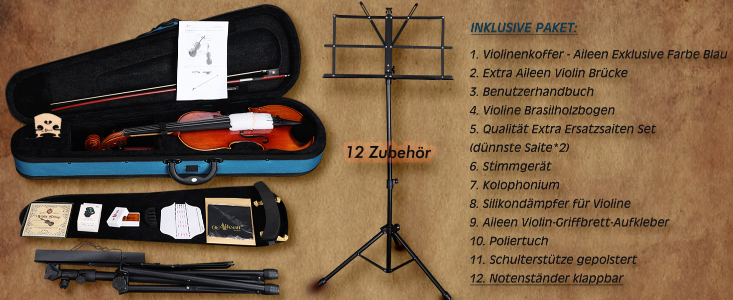 Скрипка Aileen 4/4 для дорослих та початківців, набір для дітей від 12 років, скрипка з цільної європейської сосни з підставкою для нот