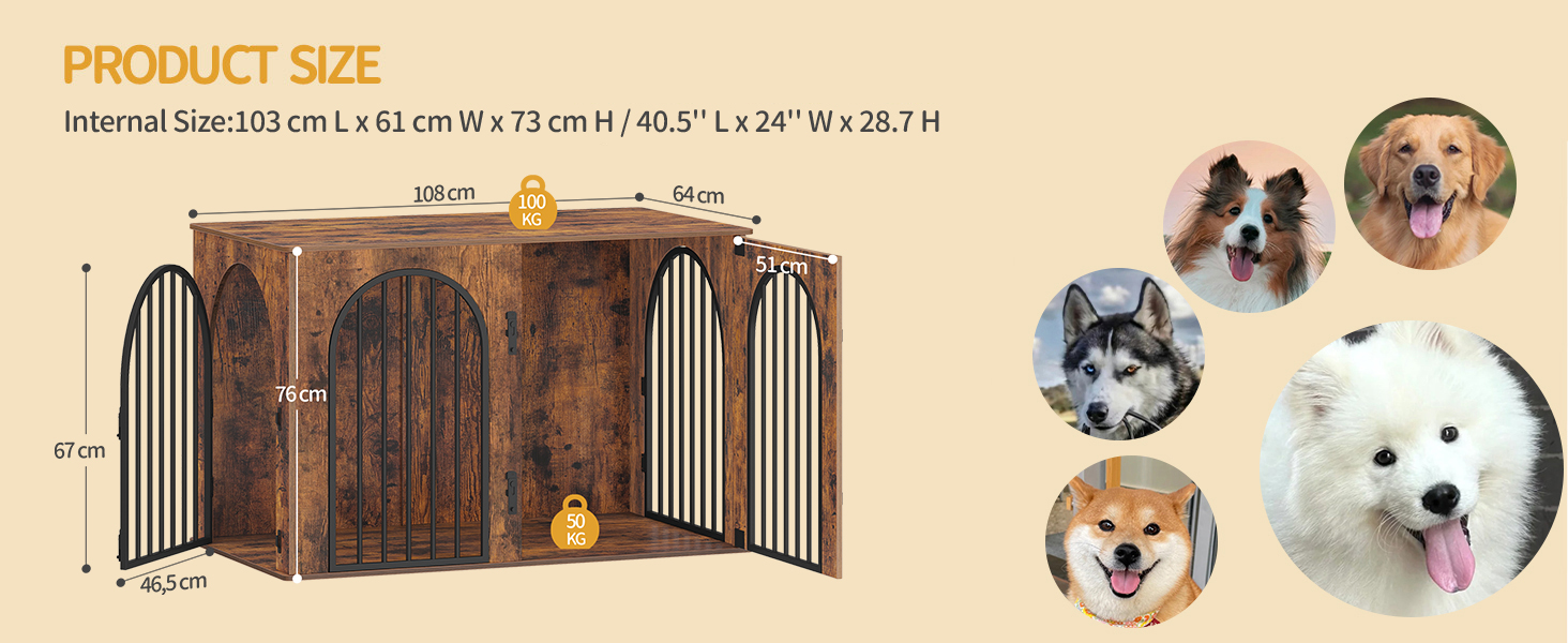 Клітка для собак Hzuaneri, 108 см, 3 двері, сучасний дизайн, для дому, міцна, 108x64x76 см, вінтажний колір, DFC86001B