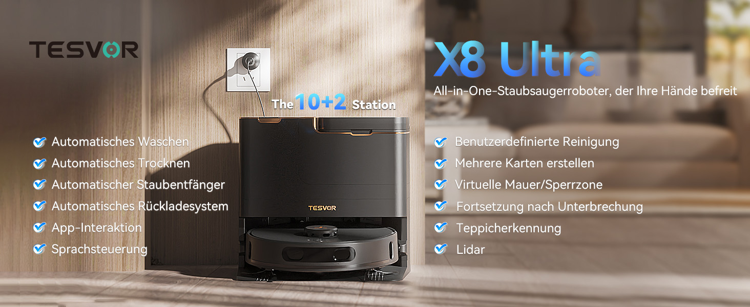 Робот-пилосос Tesvor S8MAX 3-в-1 з функцією миття, 8000Pa, LiDAR-навігація, 240 хв роботи, керування через додаток/Alexa, самостійна станція очищення 2.5л для великих приміщень з тваринами (X8 Ultra)