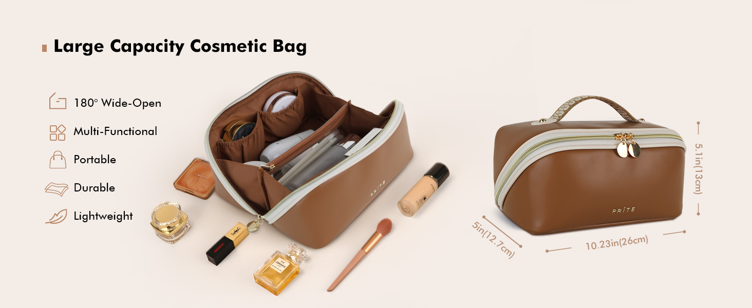Косметичка велика містка для подорожей, водонепроникна з PU-шкіри, з прозорими роздільниками та ручкою (M, темно-коричнева)