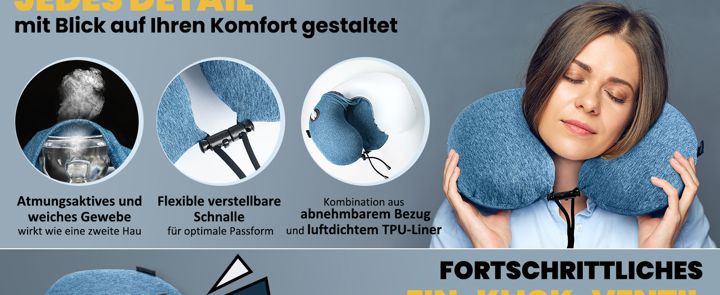 Подушка для шиї HIKENTURE надувна для подорожей літаком/поїздом з чохлом, синього/темно-синього кольору. Надувна подушка для шиї, зручна для дорослих.