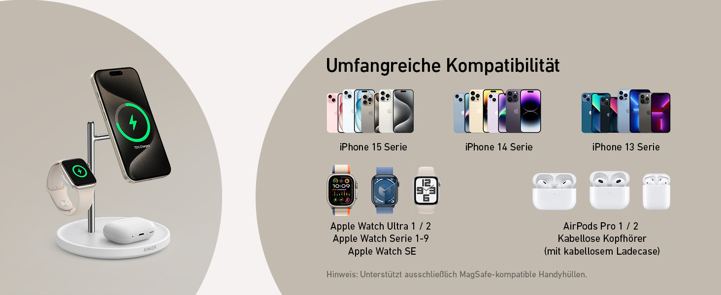 Anker MagGo Зарядна станція 3-в-1 бездротова, 15W, MagSafe, Qi2, для iPhone 16/15/14/13, AirPods Pro, Apple Watch Ultra (з USB-C адаптером та кабелем)