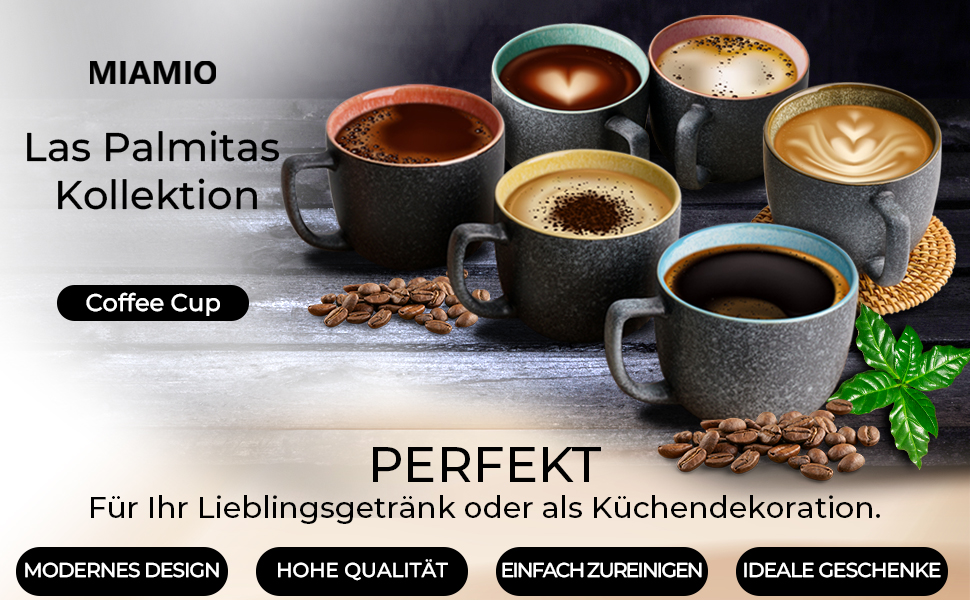 MIAMI - Set of 6 x 470 ml Coffee Cups/Mugs/Large Coffee Cups/Modern Coffee Cups made of stoneware - Las Palmitas Collection, Set of 6