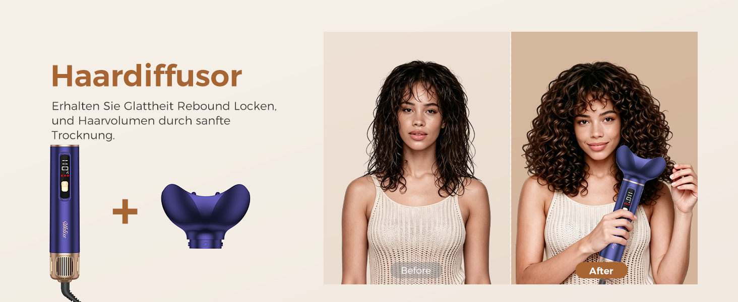 Мультистайлер для волосся 6 в 1 UKLISS Air Styler Set з дифузором, фен-щітка та вирівнювач для волосся, 1000 Вт, LCD-дисплей, Gold Blau